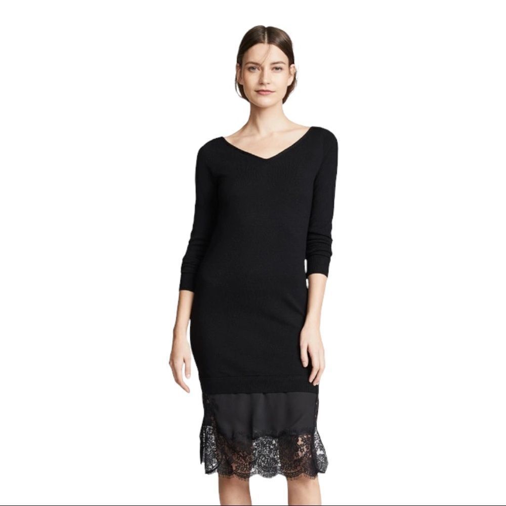 NWOT Club Monaco Tamila Black Merino Wool Knit Dress w/ Lace Hem Size XS